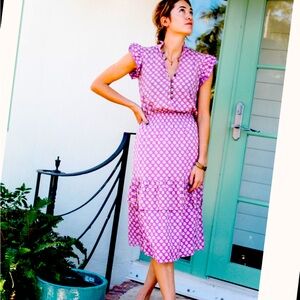 Perry Walker Cornelia Tiered Skirt silk Midi Dress •Size 1/ S• black and white